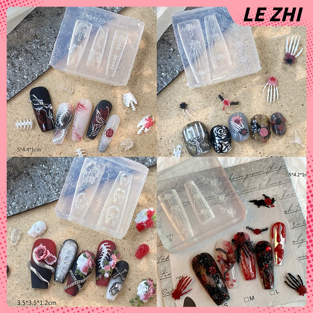 

1Pc Dark Gothic Skull Hand Bone Spider Dragon Snake 3D Acrylic Manicure Mold Apple Strawberry Cherry Rose Silicone Nail Mold