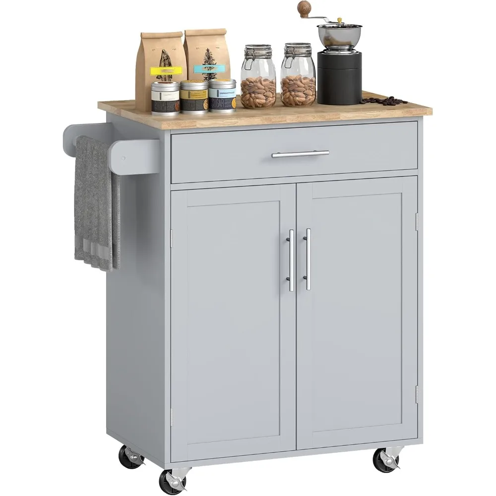 Kitchen Island Cart with Drawer, Storage Cabinet, and Towel Rack in Gray