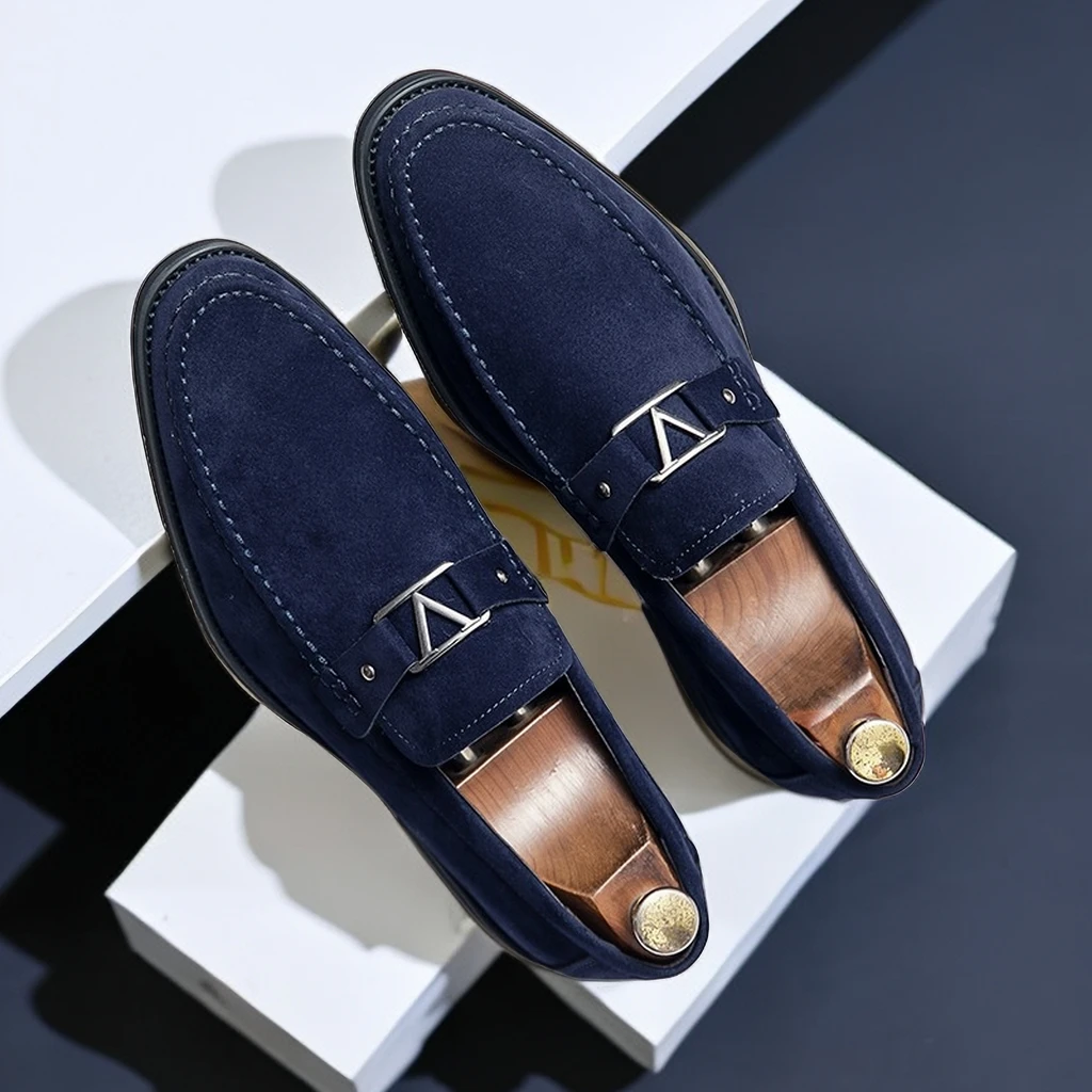 New Black Loafers Men Flock Shoes Business Blue Breathable Slip-On Solid Shoes Handmade  Size 38-48