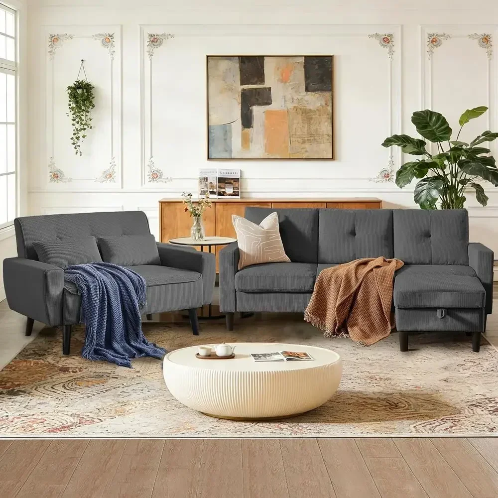 3-Piece L-Shaped Sectional Sofa Set with Storage Ottoman and Loveseat, Removable Cushions and Covers for Living Room