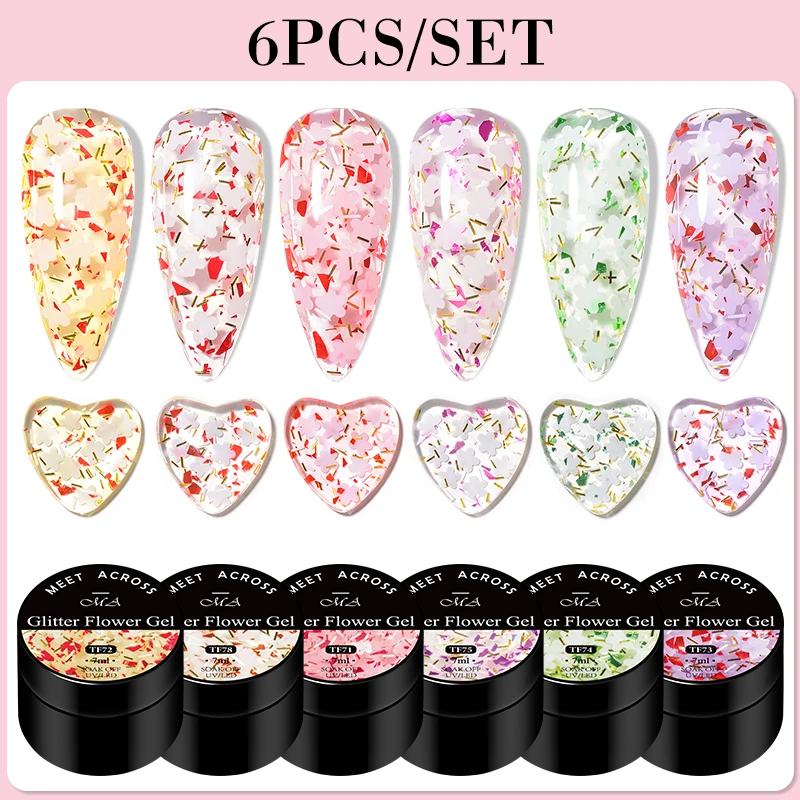 MEET ACROSS 6Pcs/Set Flowers Gel Nail Polish Set DIY Nail Art Translucent Floral Series Gel Soak Off Uv Led Gel For Manicure