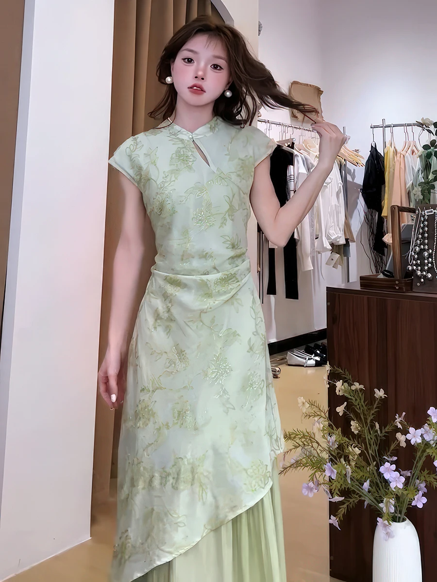 เดรสทรงเอ สไตล์จีนย้อนยุค ปักลายดอกไม้ ผ้าบางเบา ช่วยพรางหุ่น สำหรับผู้หญิง ฤดูร้อน รุ่นใหม่ แขนสั้น คอกลม
