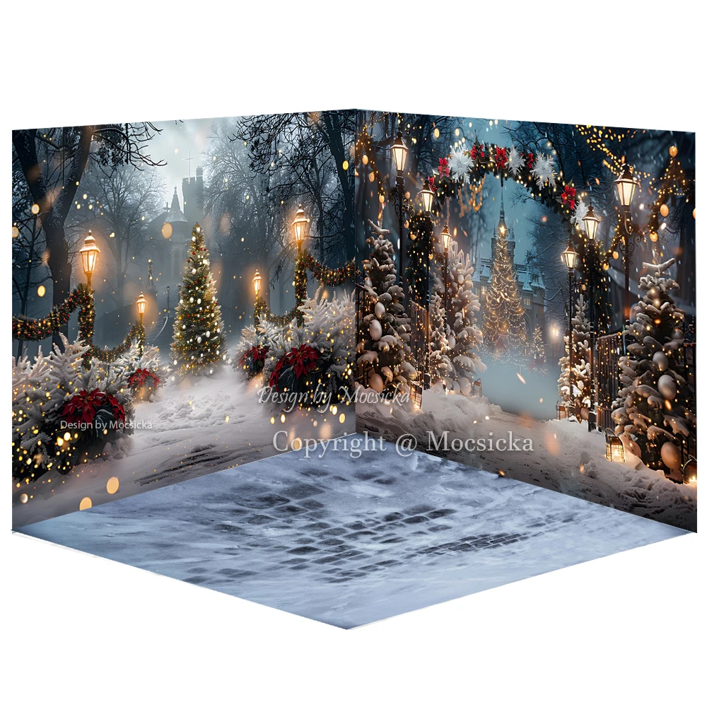 Christmas Eve Photography Background for Children Winter Photo Snowy Arched Xmas Flower Door Street Light Backdrop Indoor Decor