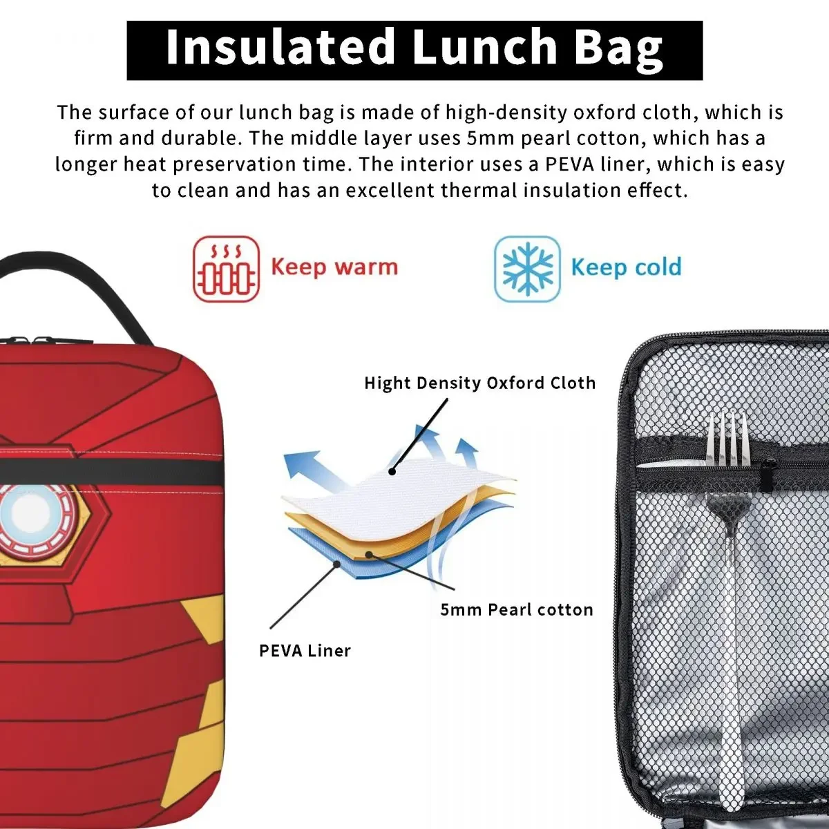 Iron Man Glowing ARC Reactor Sherpa Insulated Lunch Bag High Capacity Reusable Thermal Bag Lunch Box Tote Beach Travel Men Women