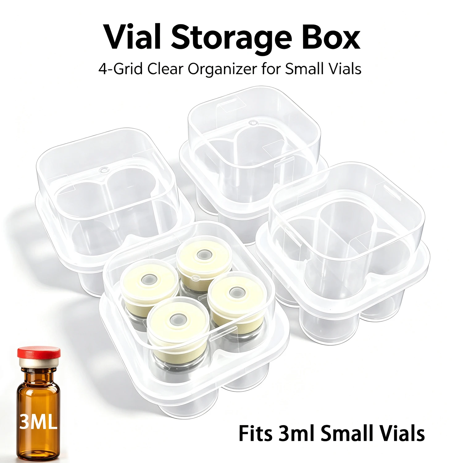 15/10/5 Packs 4 Slots Clear Plastic Vial Storage Box Dustproof Organizer Case for 3ml Peptide Injection Vials - Transparent Medi
