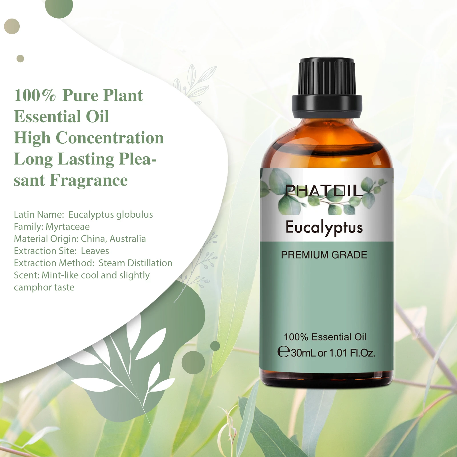 PHATOIL 30ML Eucalyptus Essential Oils for Humidifier Rose Lavender Jasmine Peppermint Sandalwood Bergamot Tea Tree Aroma Oil