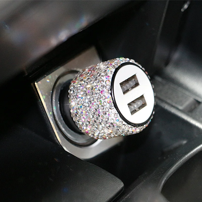 New Bling USB Car Charger 5V 2.1A Dual Port Fast Adapter Pink Car Decor Car Styling Diamond Car Accessories Interior for Woman