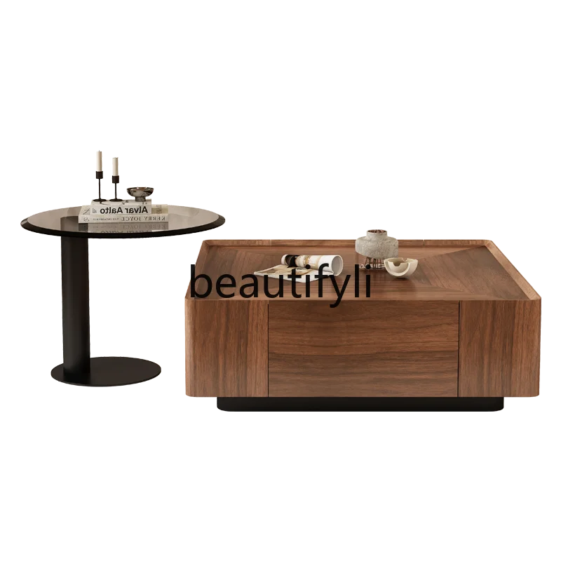 

Italian minimalist North American black walnut solid wood coffee table square storage coffee table