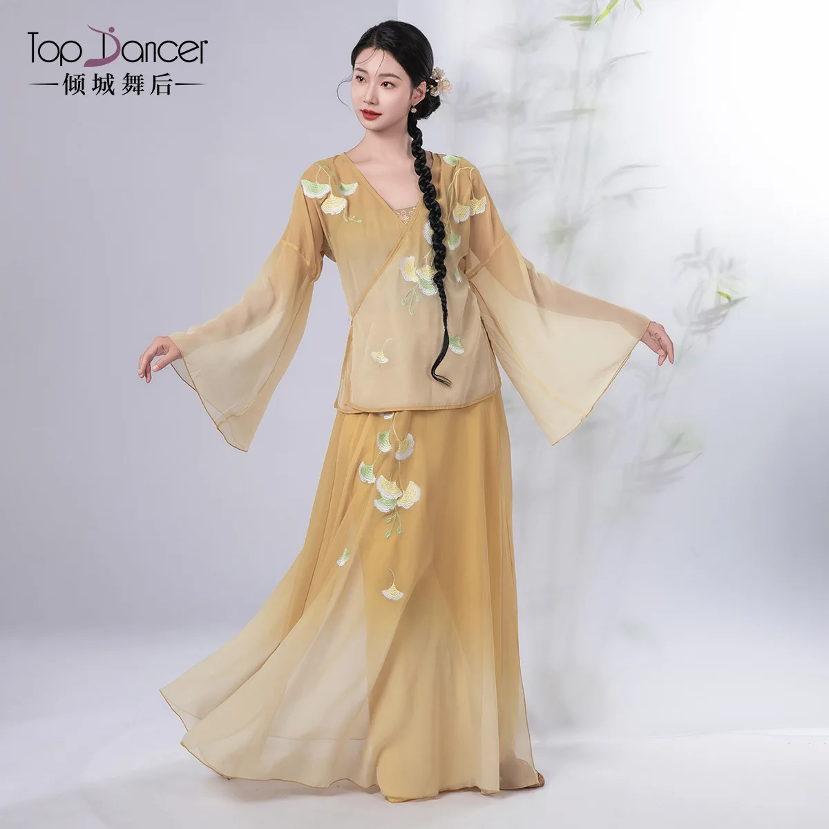 여성용 클래식 댄스 의상 그라데이션 플로잉 자수 바디 라임 거즈 드레스 신중국 스타일 연습복