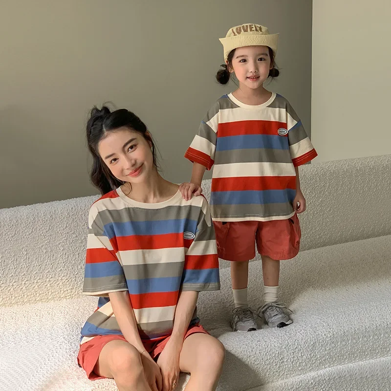 Dad Mom and Son Daughter Matching Parent-child Striped T Shirts Shorts Outfit Two Piece Sets Korean Children Clothing Summer