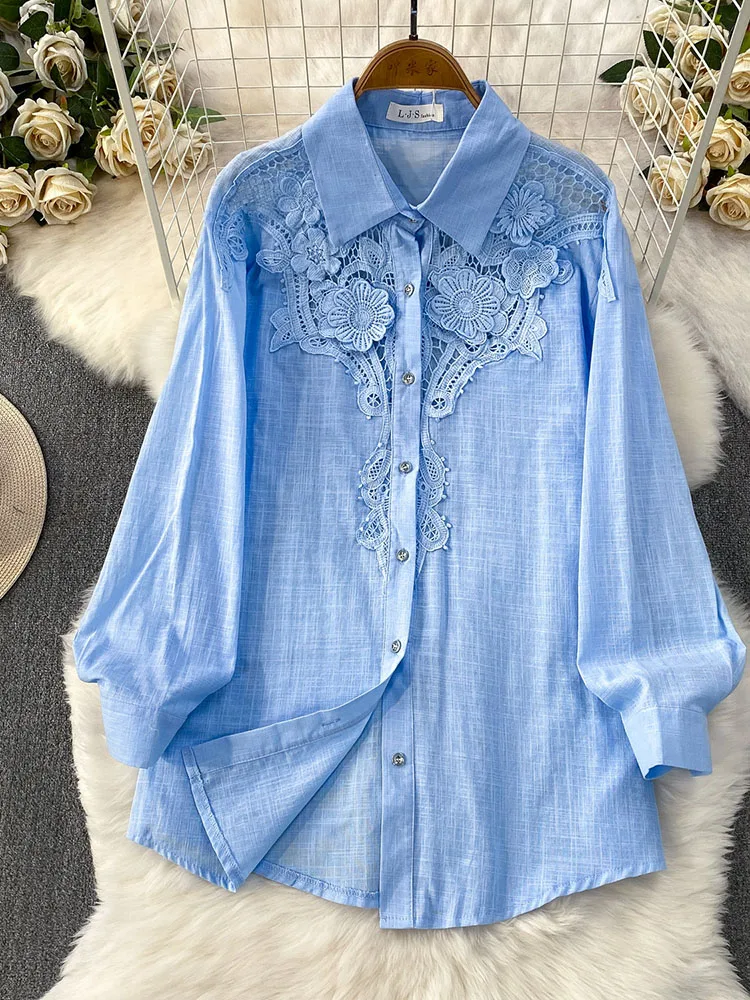 

Women Shirt Spring Elegant Lace-Trimmed Blouse Hollowed Embroidered Floral Collar Sun Protection Cover Blouse Top Female BL349