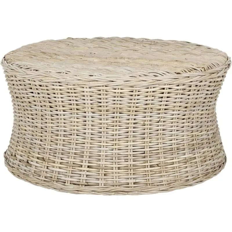 Home Collection Ruxton Natural Rattan Round Coffee Table Footstool for Living Room, Garden, Outdoor