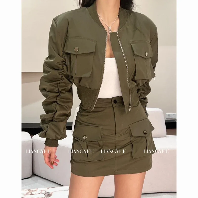 Women Work Tooling Baseball Jacket Pleated Sleeve Coat Double Pockets Zippers Ruched Cardigan+High Waist A-Line Skirts 2pcs Set