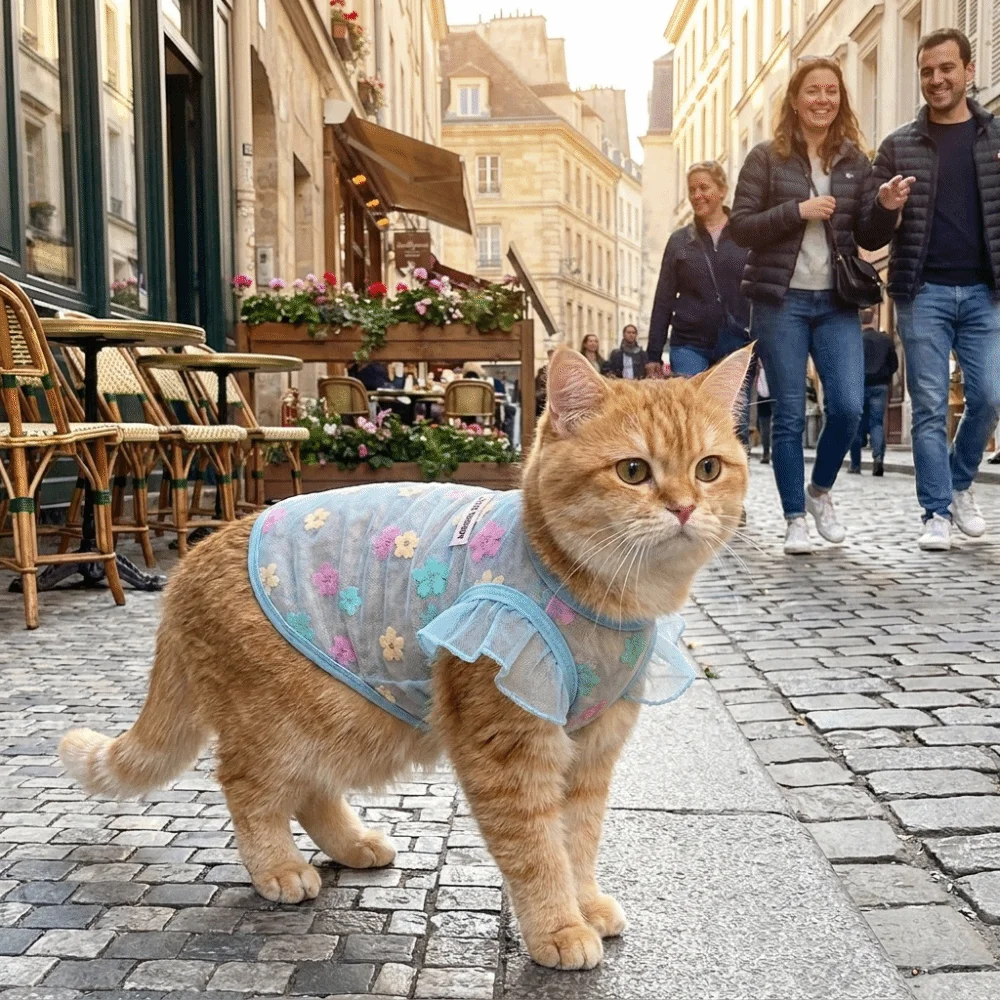 

Thin Breathable Cooling Dog Vest Flying Sleeves Floral Print Cat Mesh T Shirt Lightweight Sunproof Cat Summer Clothes Summer