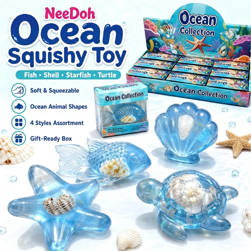 NeeDoh Ocean Squishy Fidget Toy 4 Styles Assorted Sea Animal Squeeze Toy Soft Stress Relief Toy with Shell Inside, Gift-Ready view 6