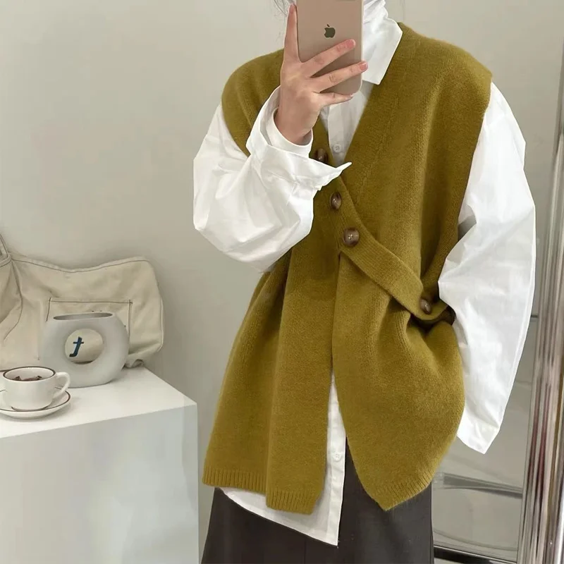 

Весенне-осенний Новый корейский однотонный свободный свитер жилет с V-образным вырезом универсальные Простые Топы модная повседневная трендовая женская одежда