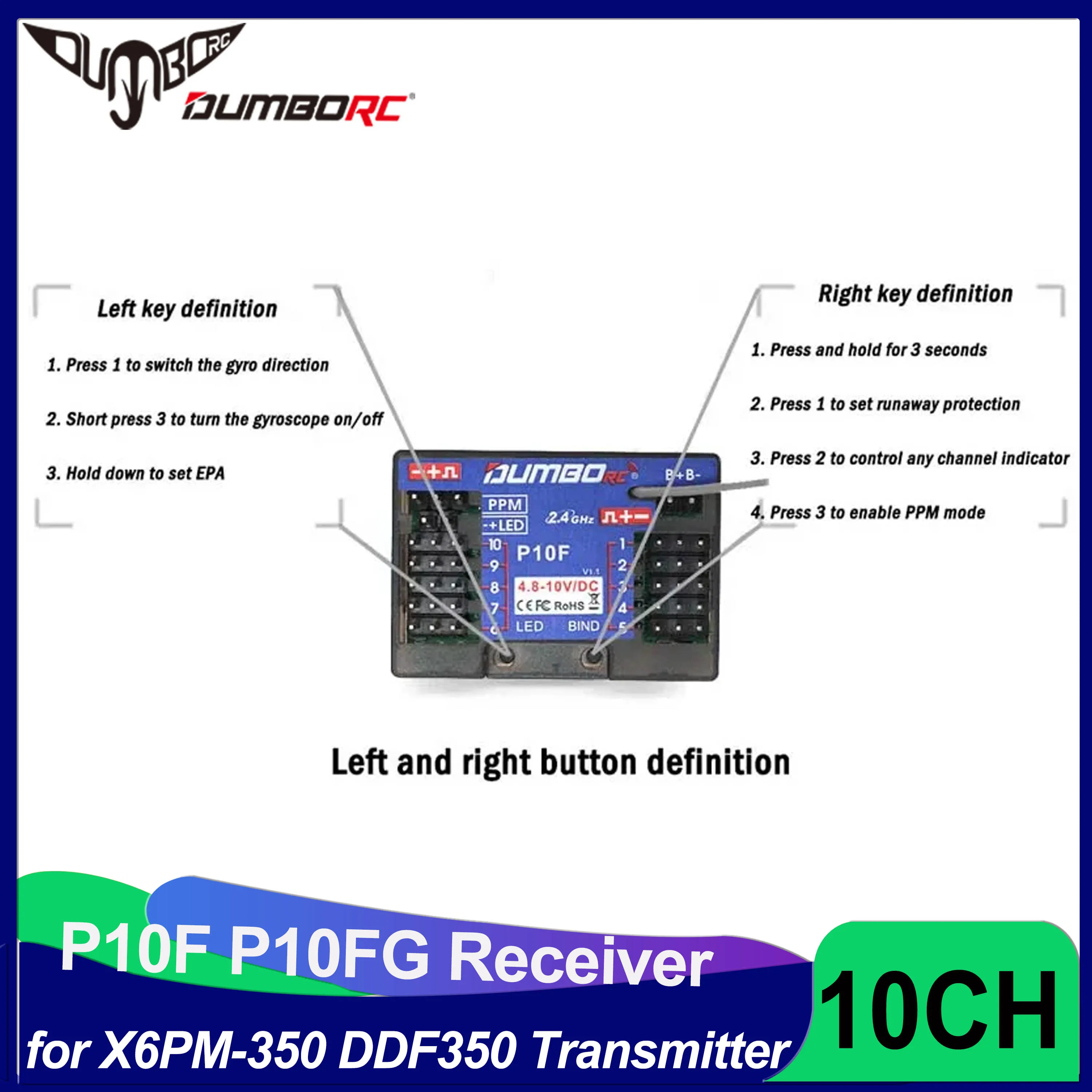 DUMBORC 10CH Receiver P10F P10FG 2.4G Gyro Voltage Return for X10P350 X6PM-350 DDF350 Transmitter Remote Control Car Boat Tank