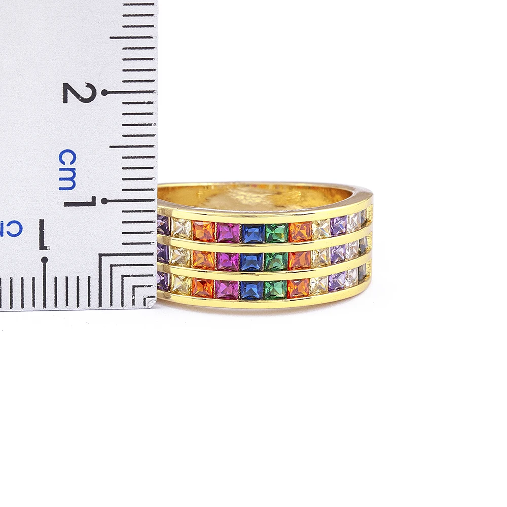 Nidin Luxury Geometry Three Layer Rainbow Shiny Rhinestone Cubic Zirconia Ring Women Retro Jewelry Creative Engagement Gift