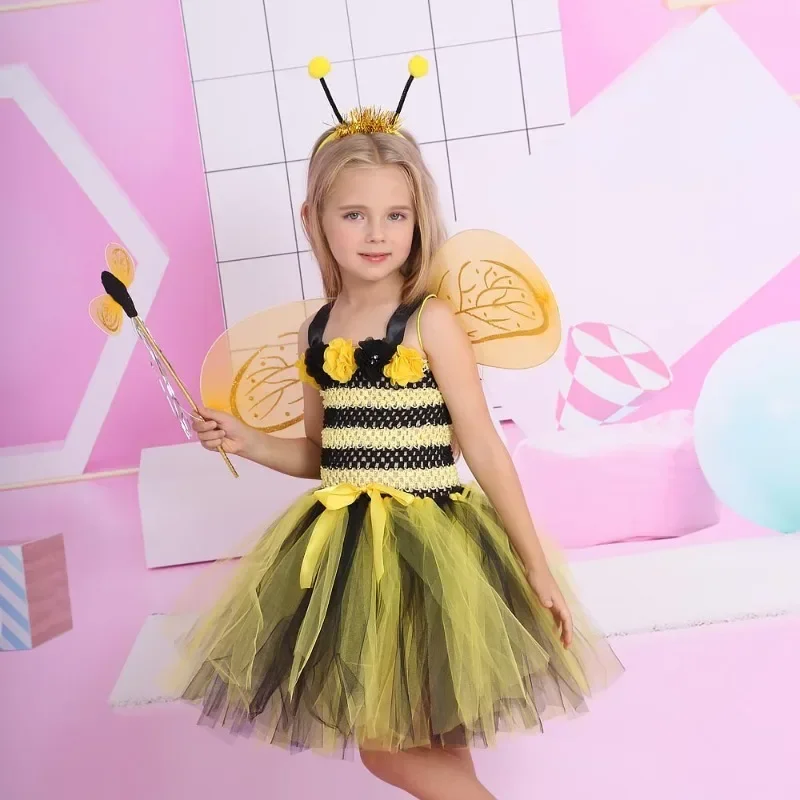 HN8 Bumble Bee Tutu Dress per neonate Compleanno Vestito Costume di Halloween per bambini Abiti cosplay di api con ala Headb8...Gf