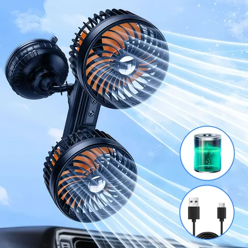 Imagen 1 del producto Ventilador de doble cabezal con ventosa para coche Hipacool 360 ° Giratorio con batería de 4000mAh, viento eléctrico Universal de 3 velocidades para camión, coche de 12V/24V