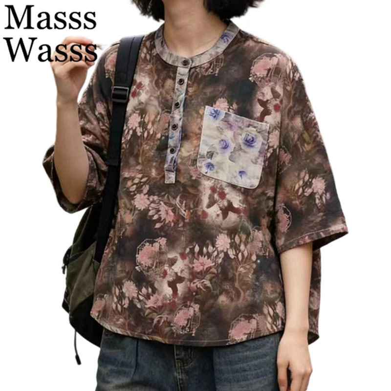 Masss Wasss British Design Vintage Classic Tops Ladies Summer Loose Fashion Floral Clothes Womens 2026 Leisure Luxury Tee Shirts
