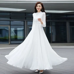 Vintage Chiffon Long Sleeve Dress Spring Autumn 2024 Womens Fashion Prom Maxi O-Neck Bodycon Tunics Chic Evening Midi Dresses