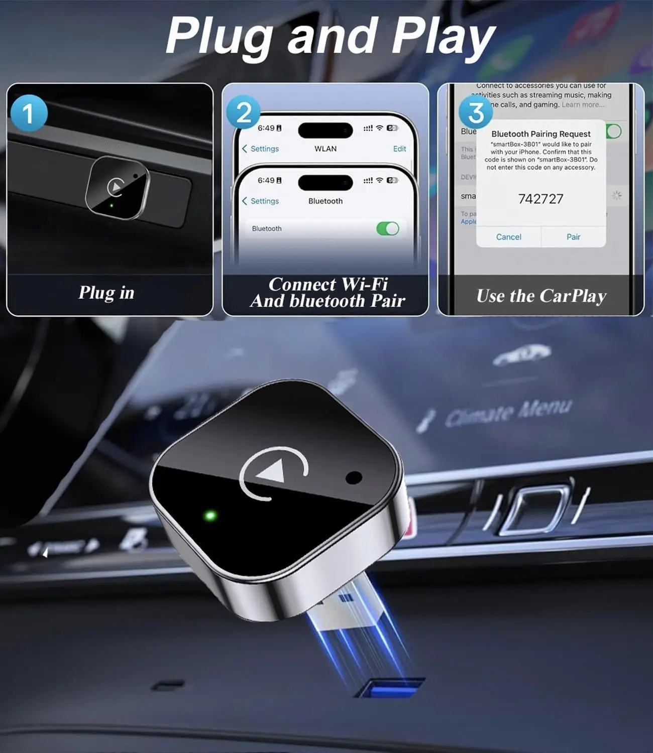 CarPlay وAndroid Auto Dongle اللاسلكي، توصيل تلقائي سريع، توصيل وتشغيل مدمج لهاتف iPhone/Android، USB/USB-C، بدون تأخير #5
