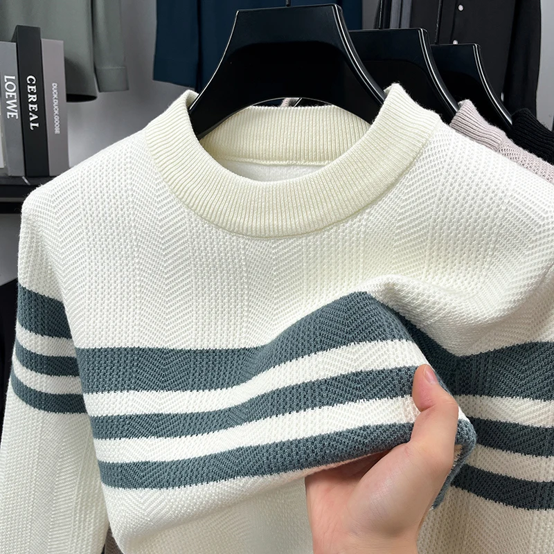 men's autumn winter long sleeves high quality sweater round neck stripe keep top warm knitwear leisure innerwear men's clothing