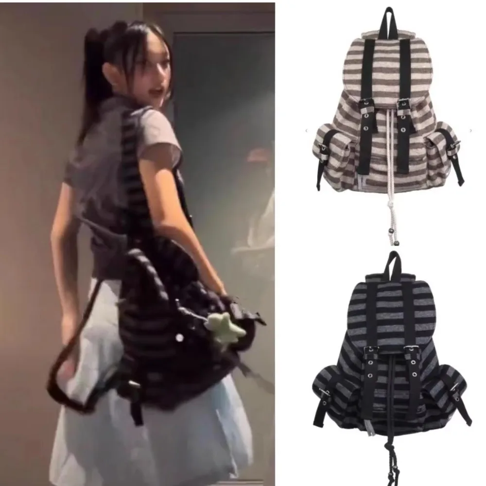 High Quality Korean Style Backpacks Drawstring Design Flat Stripe Bookbags Large Capacity Soft Tote Bags Unisex