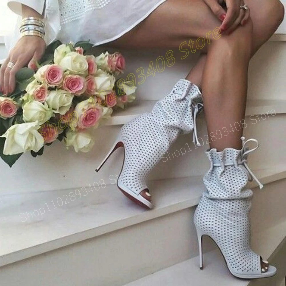 

White Crystals Strappy Peep Toe Ankle Boots Stiletto High Heel Runway Fashion Sexy Women Shoes 2024 Spring Zapatos Para Mujere