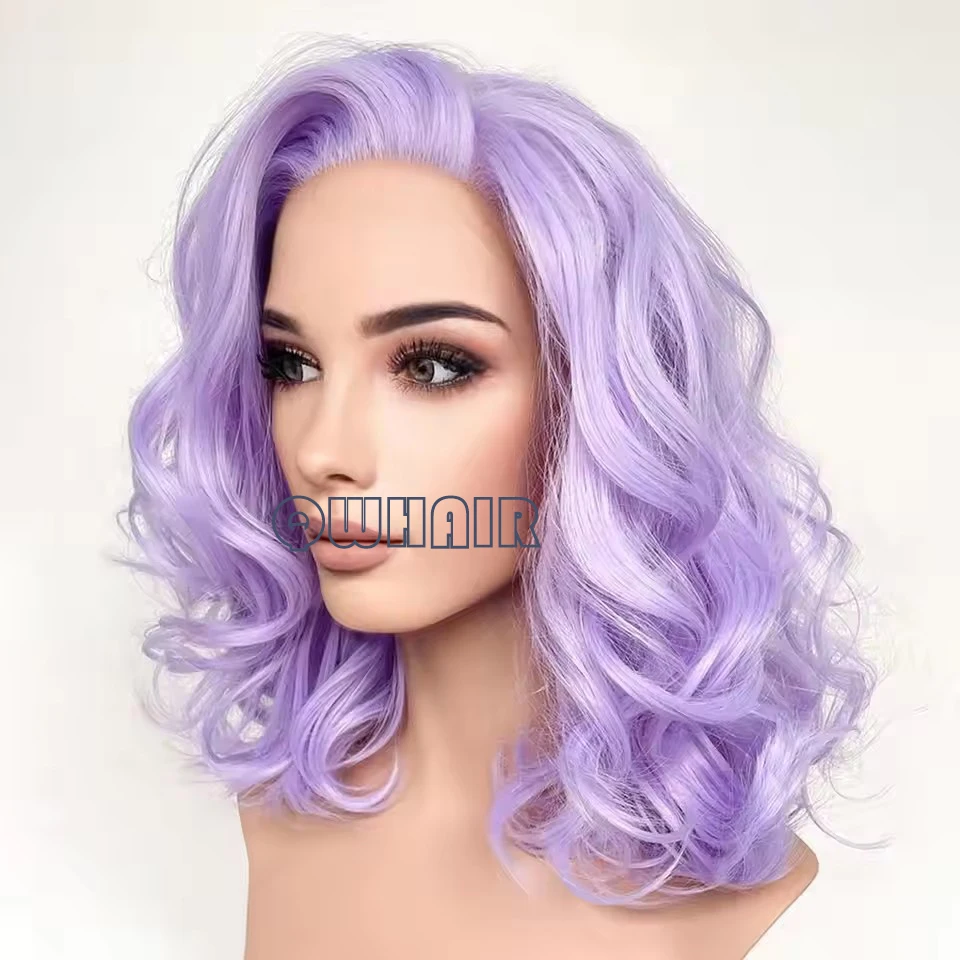 QW Loose Wave Short Bob Purple Blonde  Synthetic Hair Lace Front Wigs for Women Glueless Transparent High Qulaity Cosplay Fiber