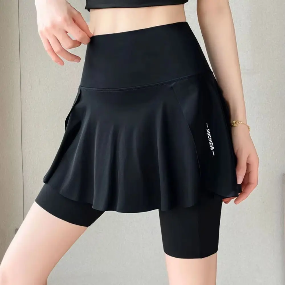 Elastic Women's Tennis Skirts High Waist Quick-Drying Women Sport Dress Stretchy Material Anti-Exposure Fake Two-Piece Skirts