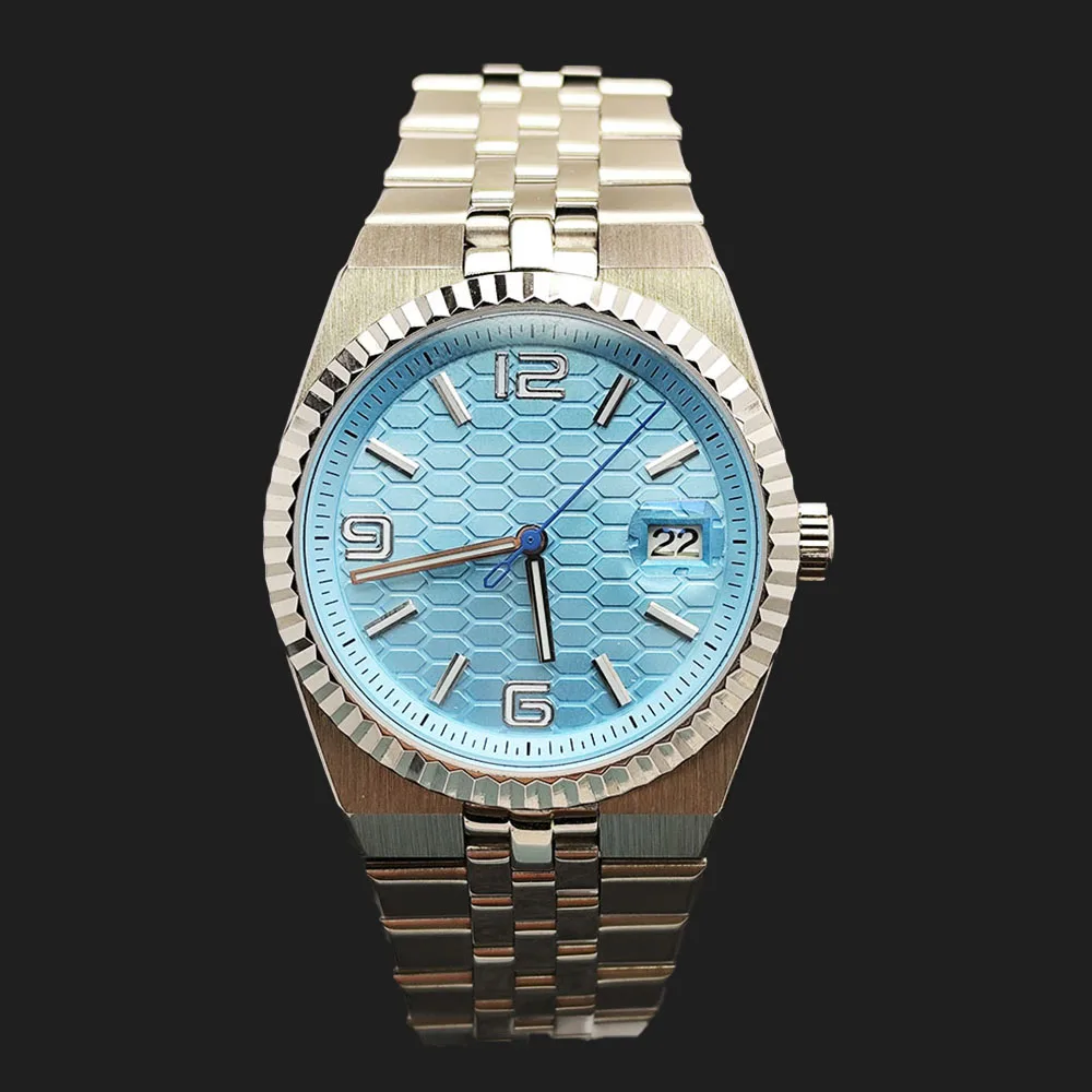 

Hot NH35 Watch 39.5mm Case Road shaped Dial Blue Light Dial Men's Watch Customized Logo Suitable for NH35 Movement Watch