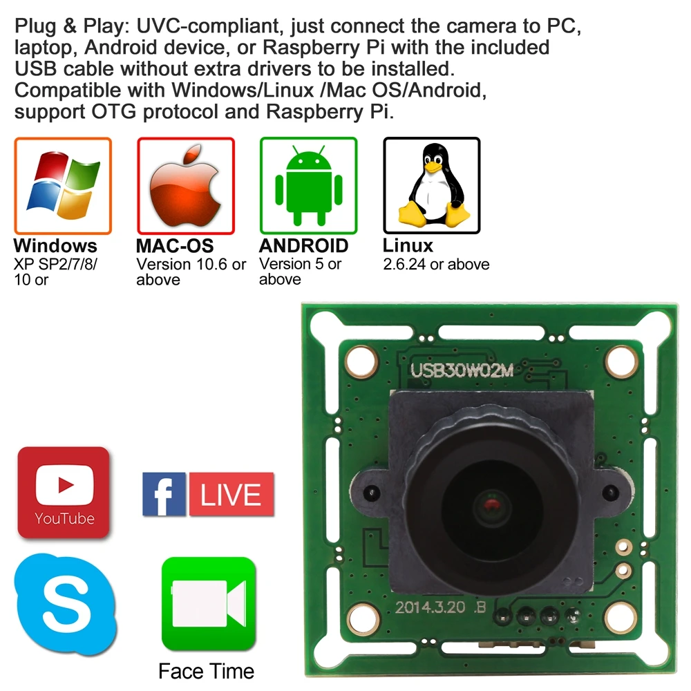 ELP VGA Webcam MJPEG 640X480 60fps USB 2.0 CMOS OV7725 Mini Módulo de Câmera Tamanho 32x3 2/26x26mm