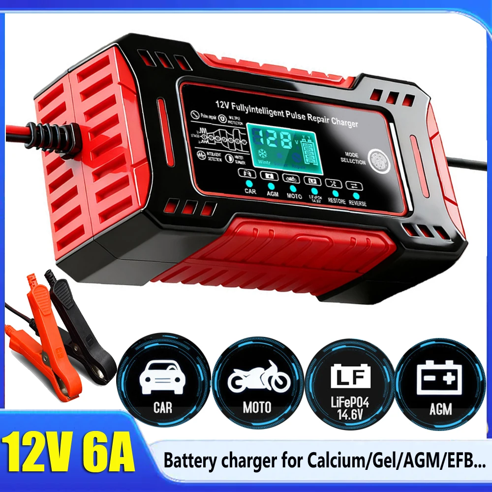 Auto Car Battery Charger 12V 6A For Car Motorcycle Lead Acid Batteries Charging Intelligent Pulse Repair Charger