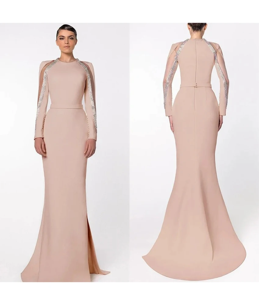 

MCDV Customized Delicate Jersey Mermaid Crystal Evening Dress Temperament O-neck Long Sleeves Floor Length Celebrity Gowns
