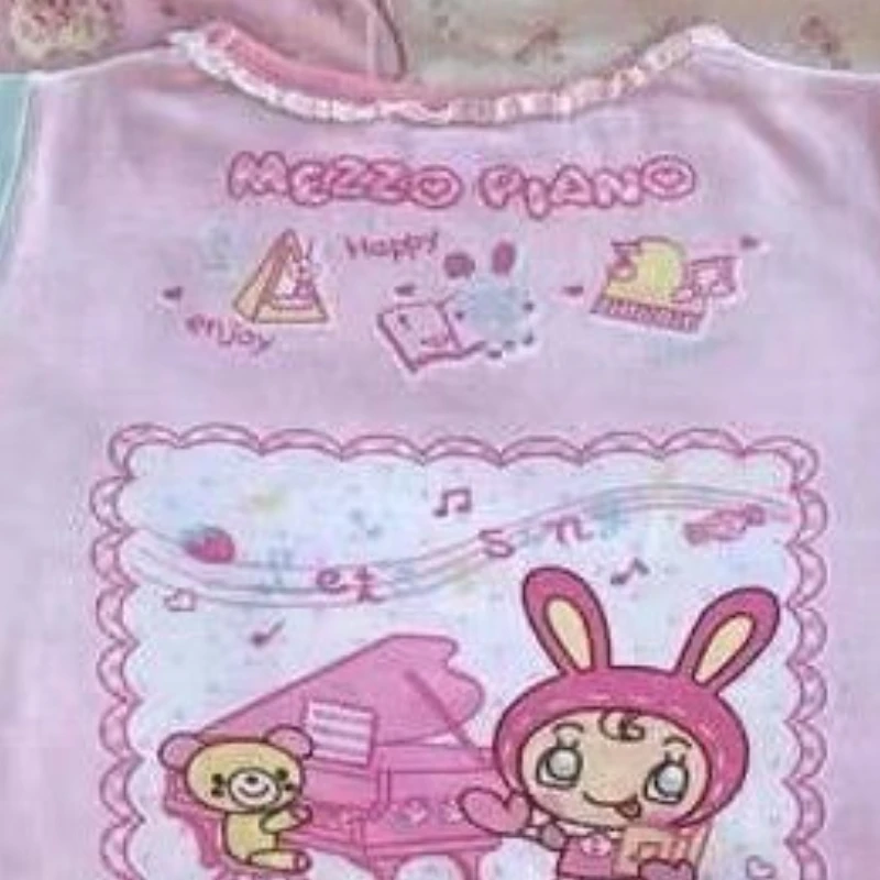 Japanese Sweet Crop Top Cartoon Print Harajuku Contrast Color Lolita T-shirt Women Y2k Aesthetic Slim Tee Vintage Fairy Grunge