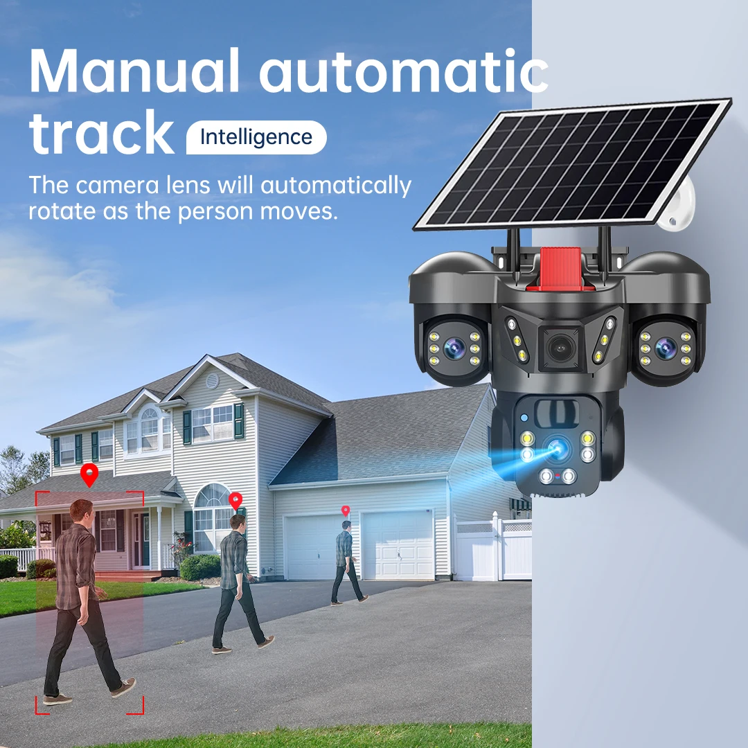 15MP 4G Sim كاميرا تعمل بالطاقة الشمسية في الهواء الطلق واي فاي مراقبة لاسلكية CCTV 3 عدسة 3 شاشة PIR للرؤية الليلية تتبع السيارات كاميرا الأمن