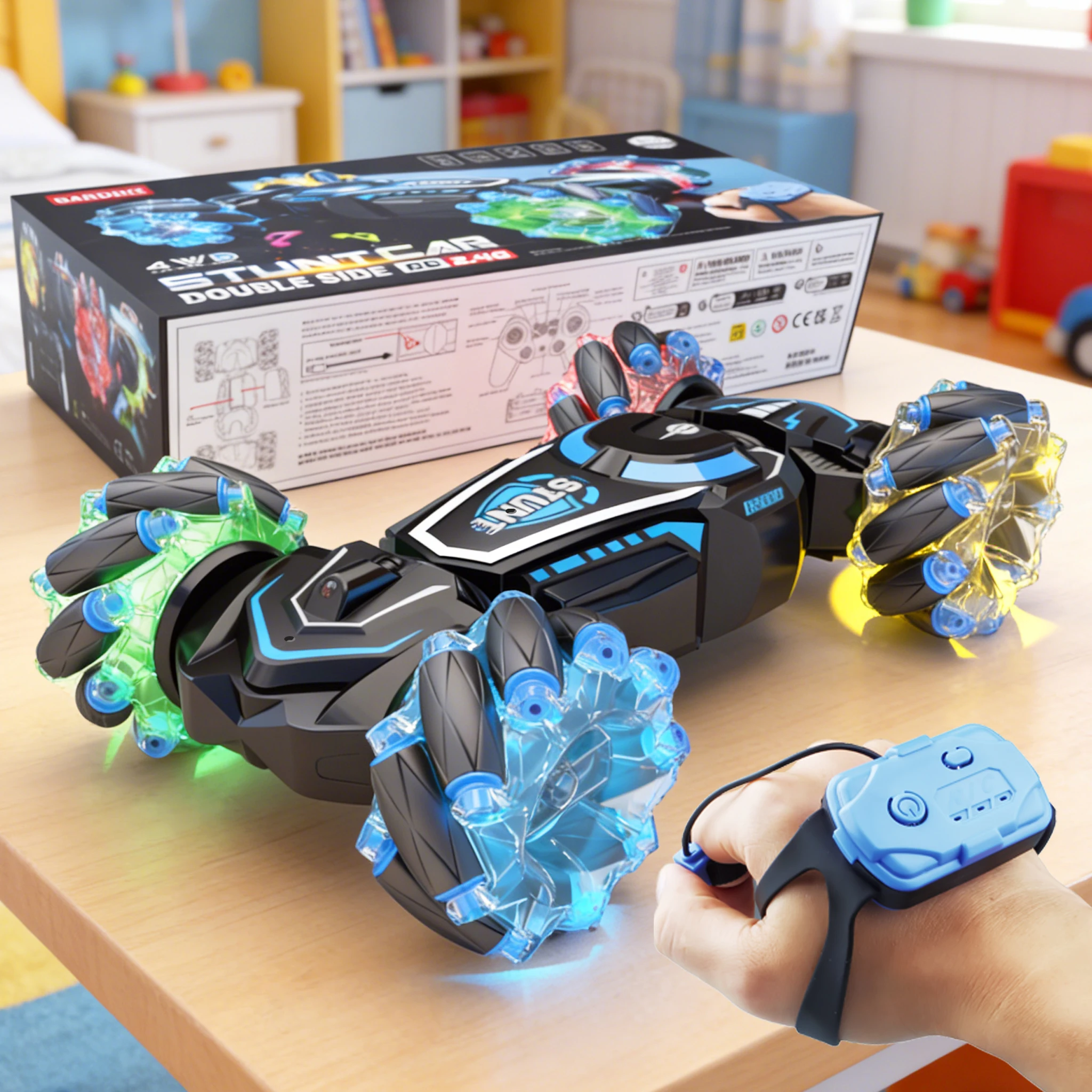 Coche acrobático 4WD RC con rotación de deriva, coche de control remoto inalámbrico de 2,4G, coche de juguete con sonido y luz para niños