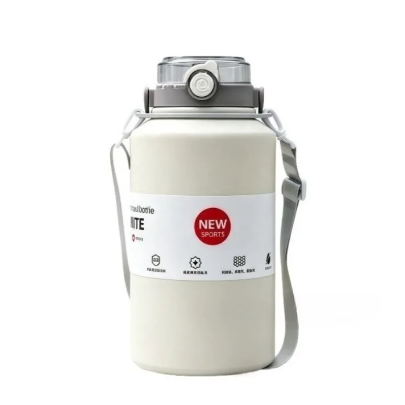 800ml/2000ml Large Capacity Stainless Steel Insulated Water Jug with Strap Handle and Straw Leakproof Vacuum Thermos Mug Sports
