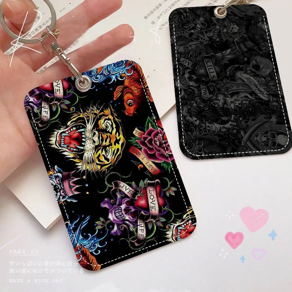 E-Ed H-Hardy Tattoo Tiger 1Pc PU Leather Card Holder Keychain Key Ring Door Lock Access Tags ID Card Case Keychain Card