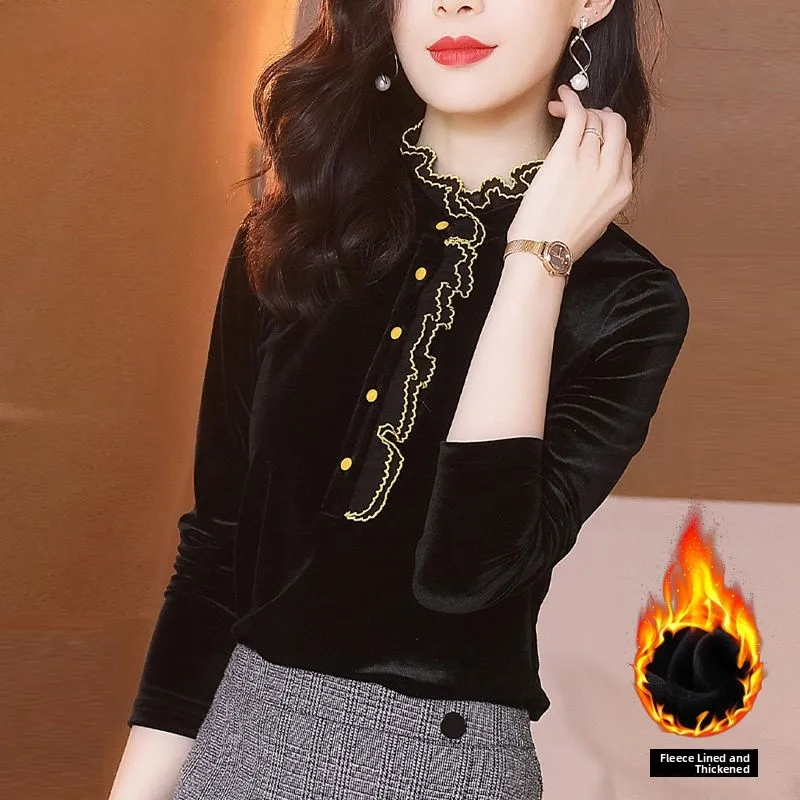plus Size Women's Fleece Lined Velvet Long Sleeve Top Autumn Winter Casual Style Button up Stand Collar Base Shirt Wood Grain...