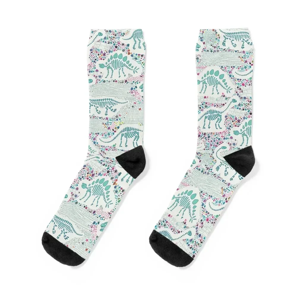 Dinosaur Fossils - aqua on white - Fun graphic pattern by Cecca Designs Socks golf FASHION Socks Female Men's