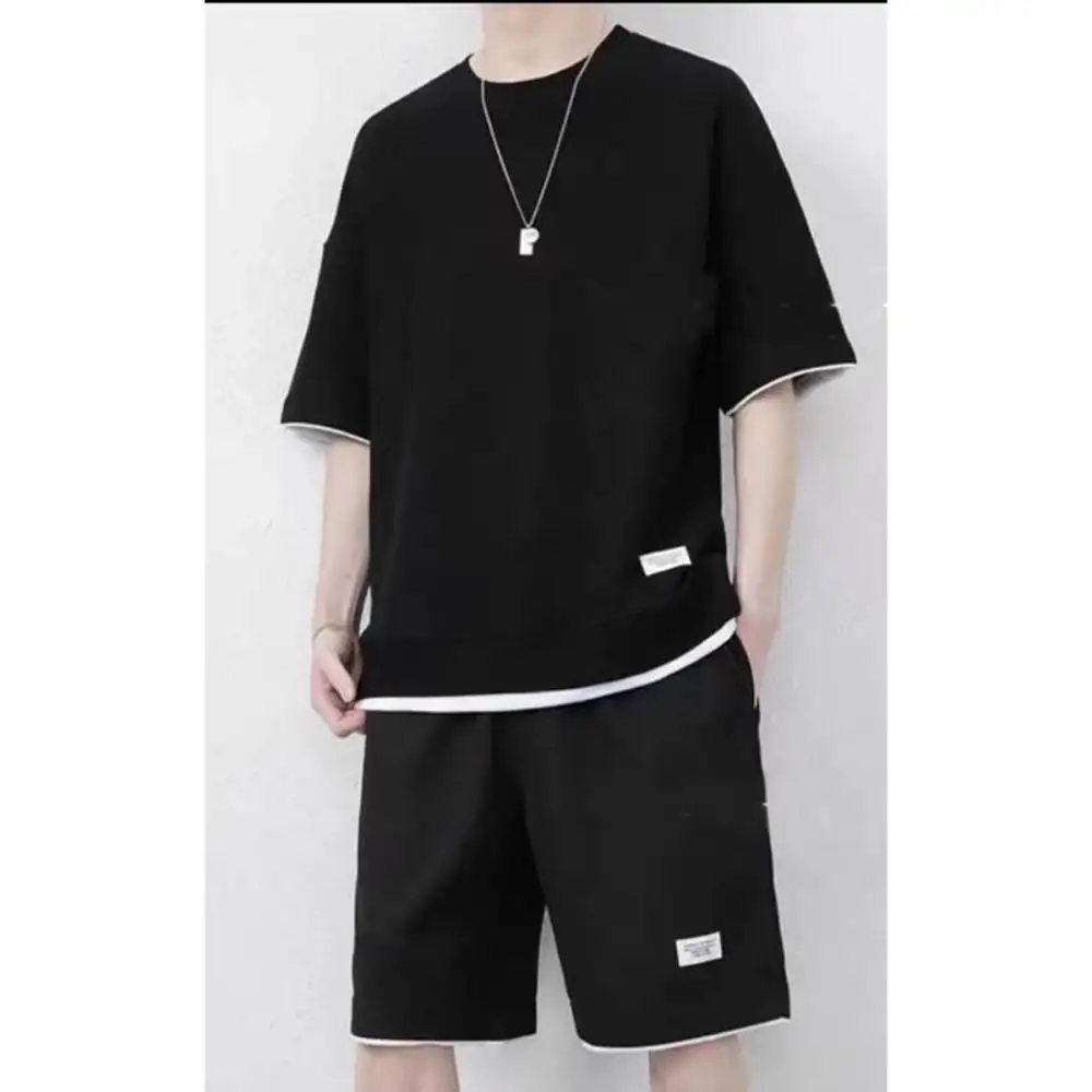 Men Tracksuit Sets Summer New Linen Fabric Tshirt & Shorts Sportwear Suit Fashion Mens Waffle Crewneck Tees Short Pants Outfits