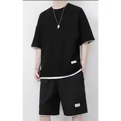 Men Tracksuit Sets Summer New Linen Fabric Tshirt & Shorts Sportwear Suit Fashion Mens Waffle Crewneck Tees Short Pants Outfits