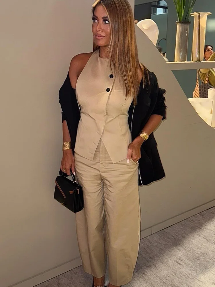 

HH Autumn Women Solid Pants Suit Sleeveless Hanging Neck Collar Backless Top+Loose Belt Straight High Waist Zipper Trousers