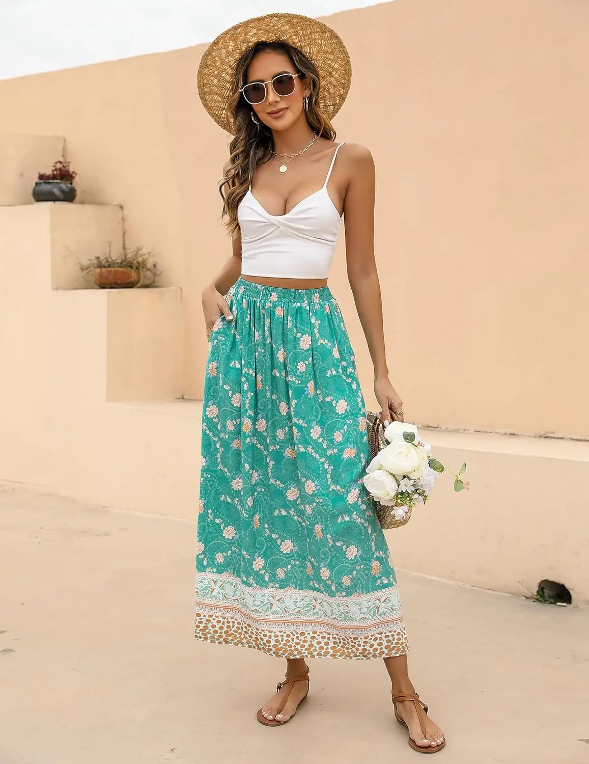 Luxy Trio Gonna floreale Boho da donna 2025 Gonne lunghe casual elastiche a vita alta Gonna lunga da spiaggia fluida