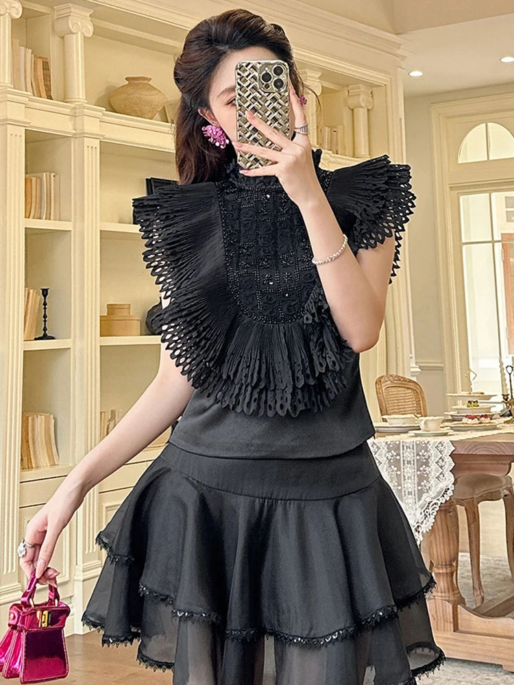 

Women's French Luxury Flying Sleeves T-shirt Lady Exquisite Palace Style Black Tops Beading Ruffles Hollow Dating Party Blouse