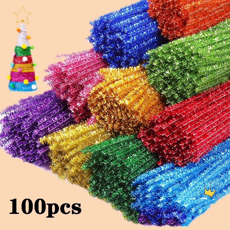 100Pcs Colorful Chenille Stems Pipe Cleaners Plush Tinsel Stem Wired Sticks Twist Stick Hair Strip DIY Craft Educational Toys