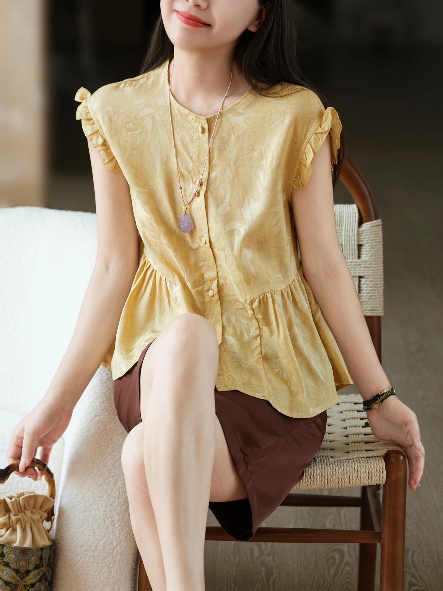 Cute Age-Defying Doll Shirt Women's Loose Fit Short Sleeve round Neck Embroidered Silk Taffeta Shoulder Ruffle Hem Water Ripp...